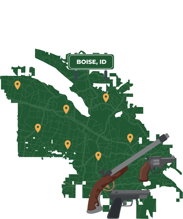Picture of Boise, Idaho City Map with Boise sign on it and places that we buy guns from.
