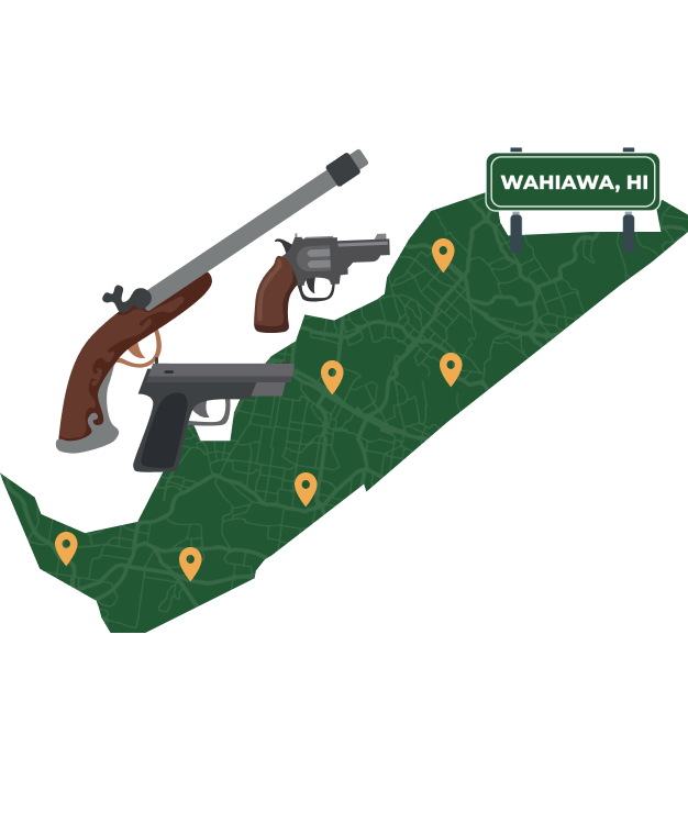 Picture of Wahiawa, Hawaii City Map with Wahiawa sign on it and places that we buy guns from.