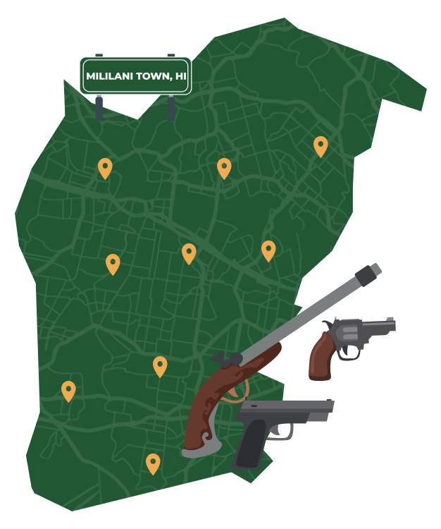Picture of Mililani Town, Hawaii City Map with Mililani Town sign on it and places that we buy guns from.