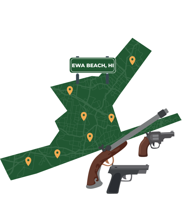 Picture of Ewa Beach, Hawaii City Map with Ewa Beach sign on it and places that we buy guns from.