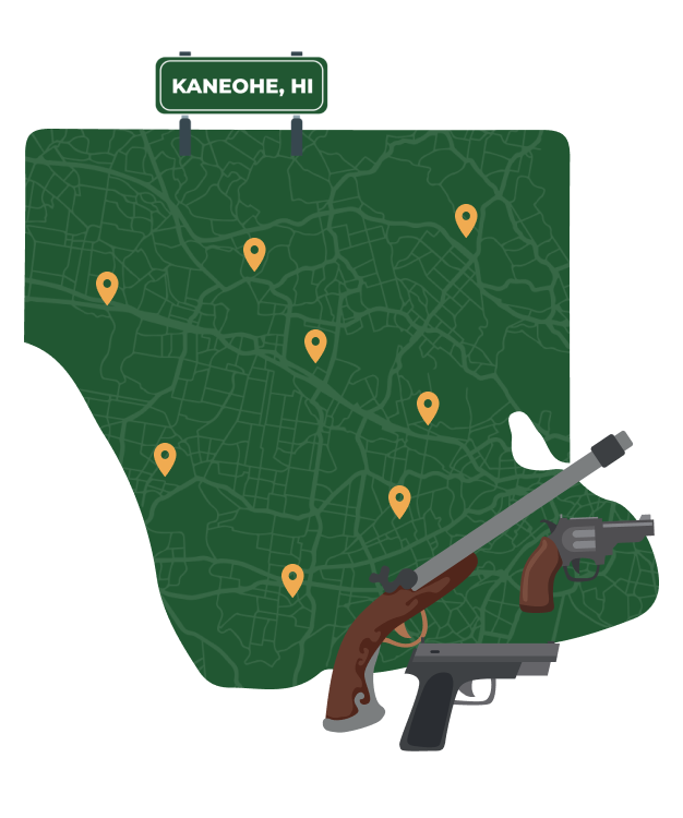 Picture of Kapolei, Hawaii City Map with Kapolei sign on it and places that we buy guns from.