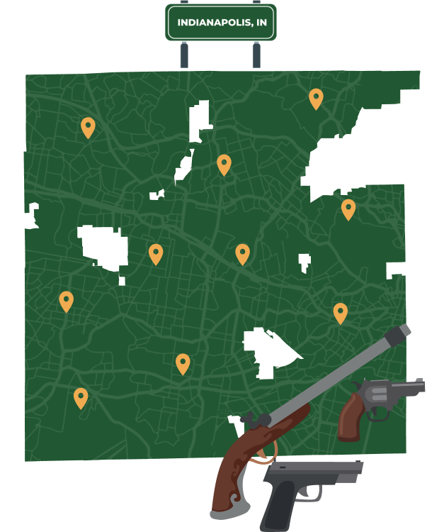 Picture of Indianapolis, Indiana City Map with Indianapolis sign on it and places that we buy guns from.