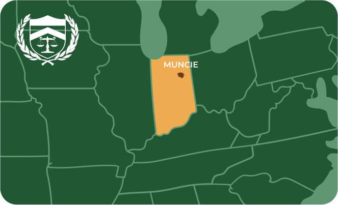State map with Muncie, Indiana highlighted, showing that Cash for Arms purchases guns in Muncie