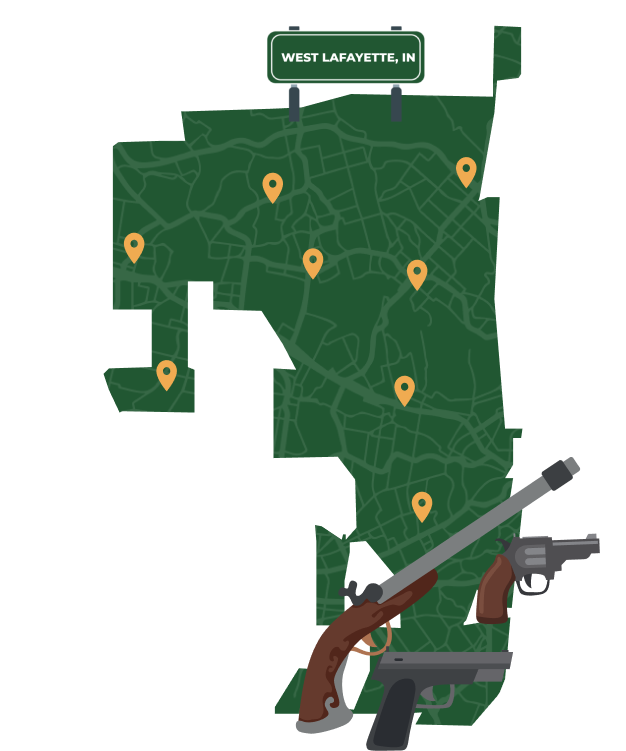 Picture of West Lafayette, Indiana City Map with West Lafayette sign on it and places that we buy guns from.
