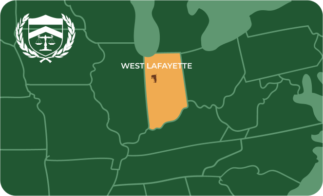 State map with West Lafayette, Indiana highlighted, showing that Cash for Arms purchases guns in West Lafayette