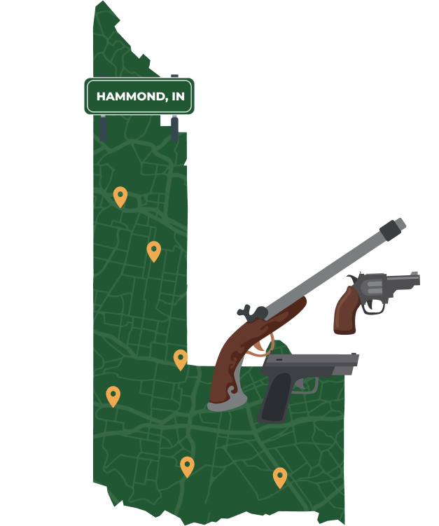 Picture of Hammond, Indiana City Map with Hammond sign on it and places that we buy guns from.
