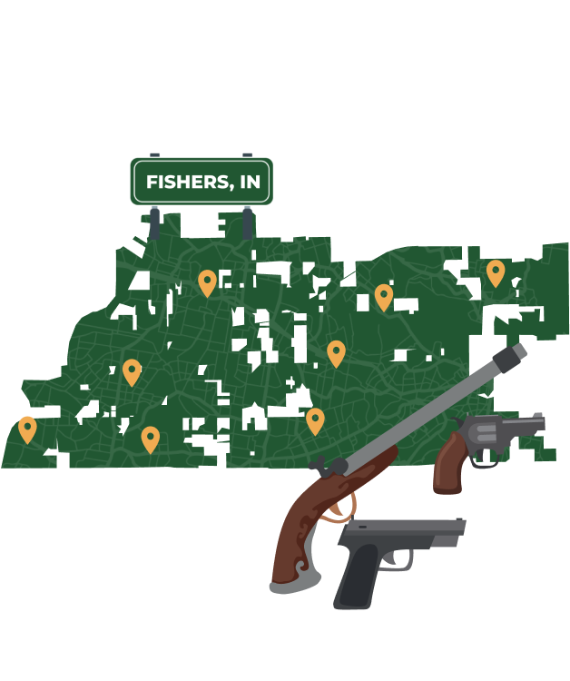 Picture of Fishers, Indiana City Map with Fishers sign on it and places that we buy guns from.