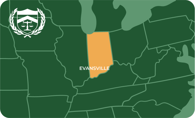 State map with Evansville, Indiana highlighted, showing that Cash for Arms purchases guns in Evansville