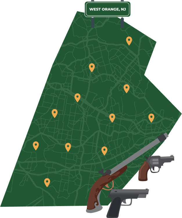 Picture of West Orange, New Jersey City Map with West Orange sign on it and places that we buy guns from.