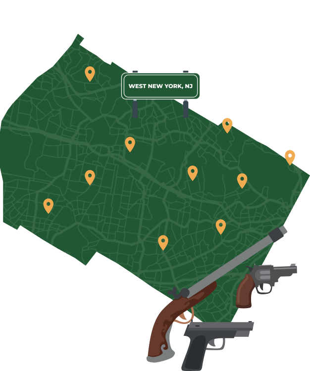 Picture of West New York, New Jersey City Map with West New York sign on it and places that we buy guns from.