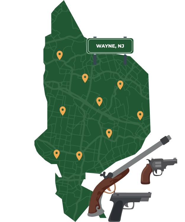 Picture of Wayne, New Jersey City Map with Wayne sign on it and places that we buy guns from.
