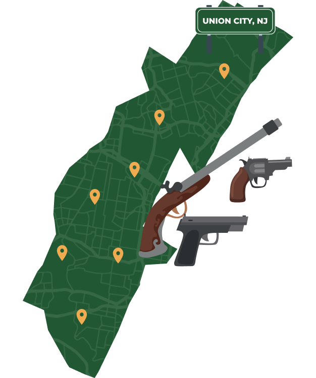Picture of Union City, New Jersey City Map with Union City sign on it and places that we buy guns from.