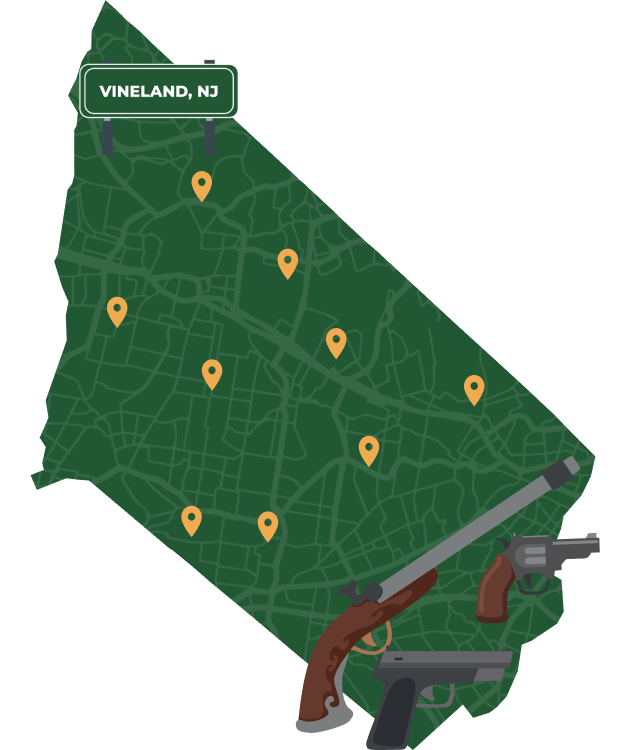 Picture of Vineland, New Jersey City Map with Vineland sign on it and places that we buy guns from.