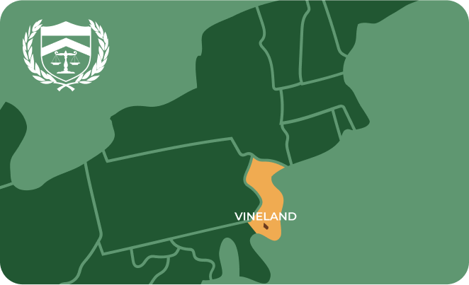 State map with Vineland, New Jersey highlighted, showing that Cash for Arms purchases guns in Vineland