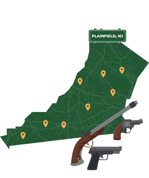 Picture of Plainfield, New Jersey City Map with Plainfield sign on it and places that we buy guns from.