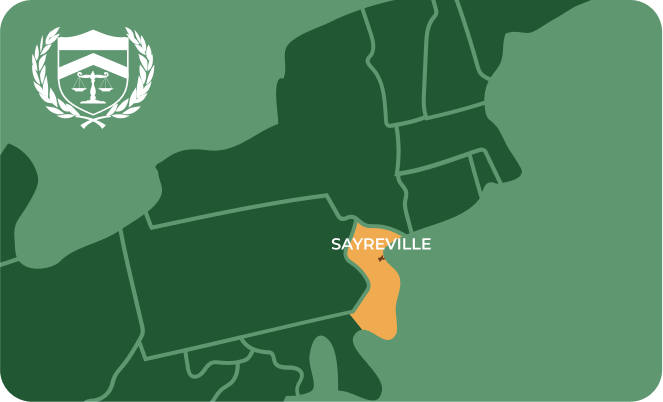 State map with Sayreville, New Jersey highlighted, showing that Cash for Arms purchases guns in Sayreville