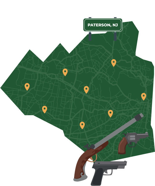 Picture of Paterson, New Jersey City Map with Paterson sign on it and places that we buy guns from.