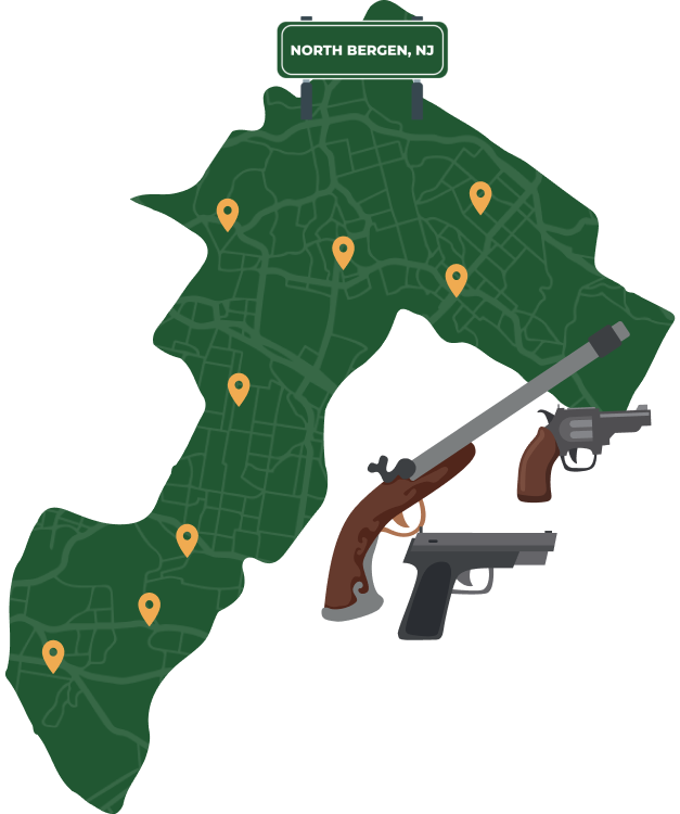 Picture of North Bergen, New Jersey City Map with North Bergen sign on it and places that we buy guns from.