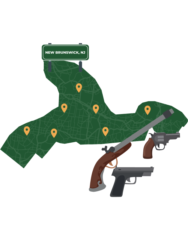 Picture of New Brunswick, New Jersey City Map with New Brunswick sign on it and places that we buy guns from.