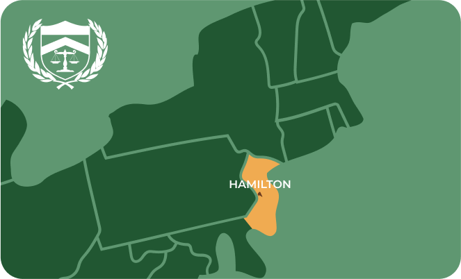 State map with Hamilton, New Jersey highlighted, showing that Cash for Arms purchases guns in Hamilton