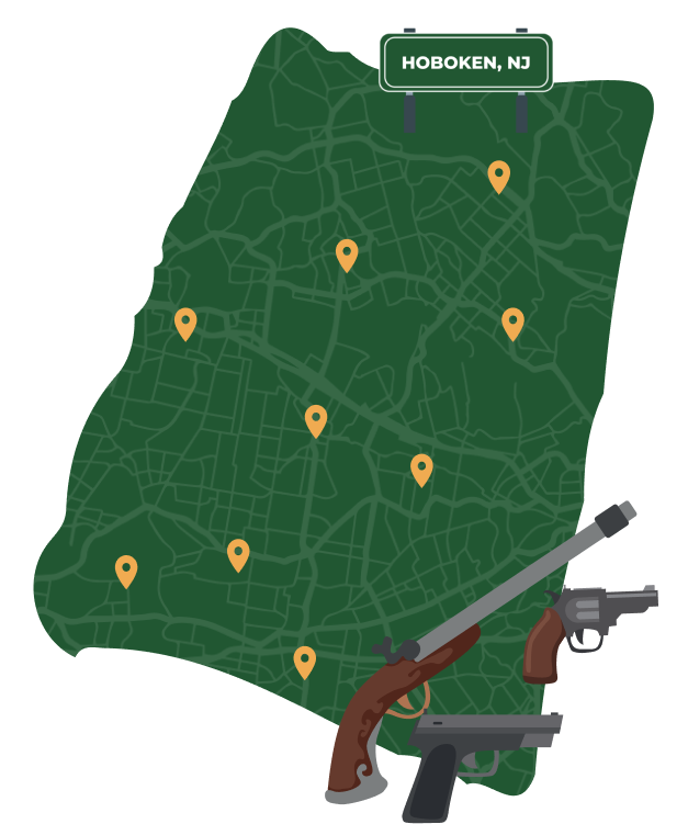 Picture of Hoboken, New Jersey City Map with Hoboken sign on it and places that we buy guns from.