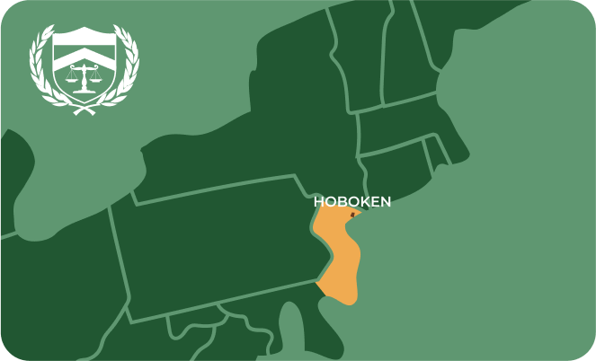 State map with Hoboken, New Jersey highlighted, showing that Cash for Arms purchases guns in Hoboken