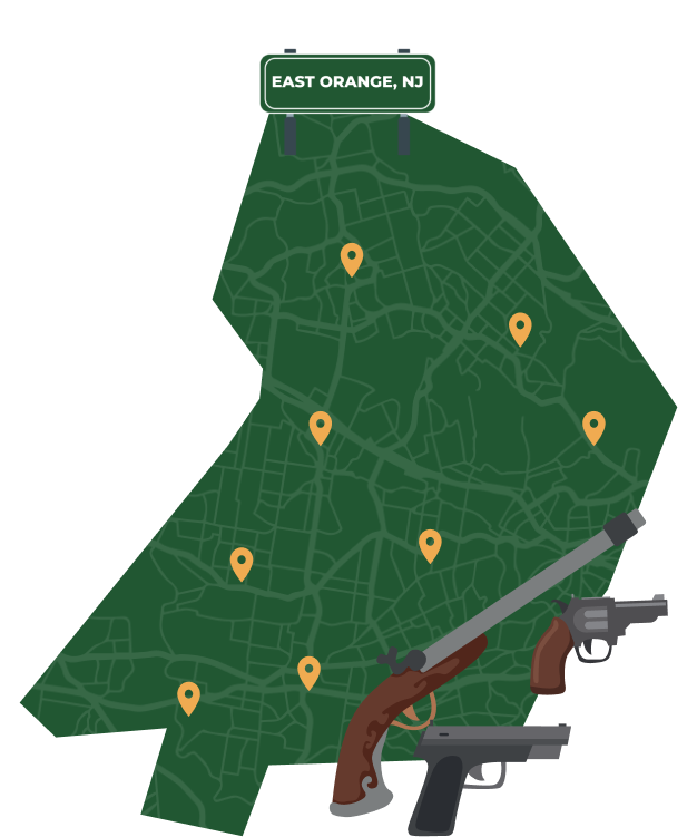Picture of East Orange, New Jersey City Map with East Orange sign on it and places that we buy guns from.