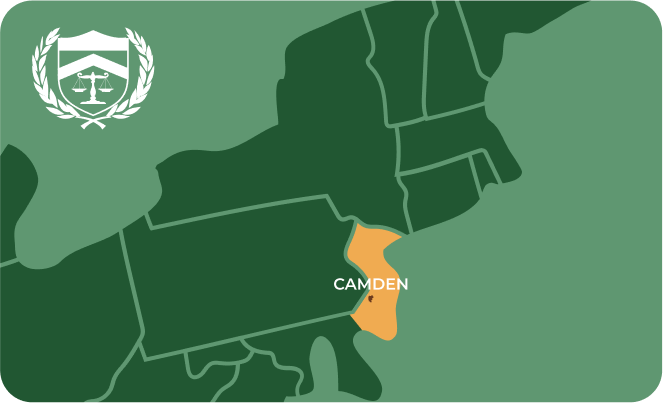 State map with Camden, New Jersey highlighted, showing that Cash for Arms purchases guns in Camden