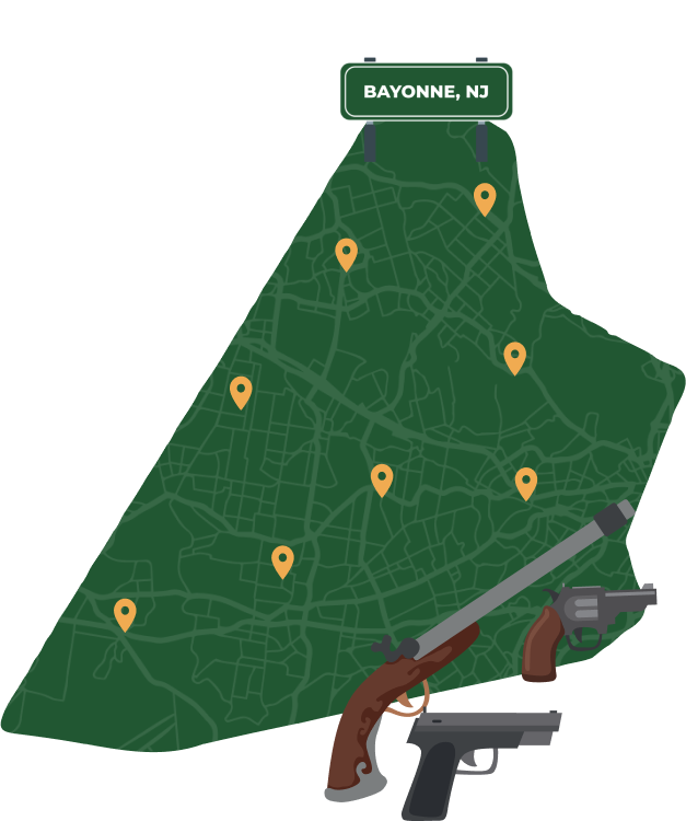 Picture of Bayonne, New Jersey City Map with Bayonne sign on it and places that we buy guns from.