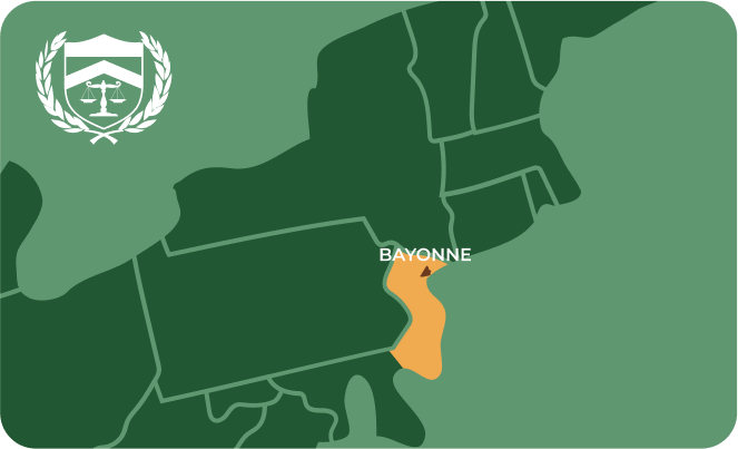 State map with Bayonne, New Jersey highlighted, showing that Cash for Arms purchases guns in Bayonne