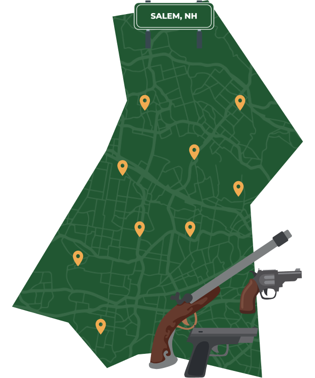 Picture of Salem, New Hampshire City Map with Salem sign on it and places that we buy guns from.