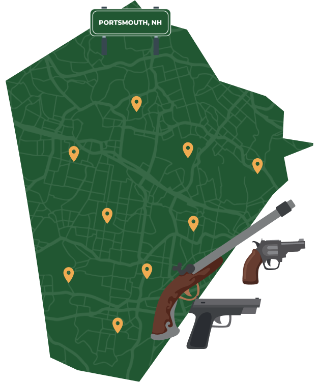 Picture of Portsmouth, New Hampshire City Map with Portsmouth sign on it and places that we buy guns from.