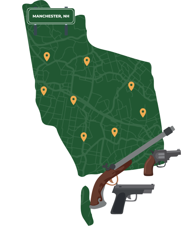 Picture of Manchester, New Hampshire City Map with Manchester sign on it and places that we buy guns from.