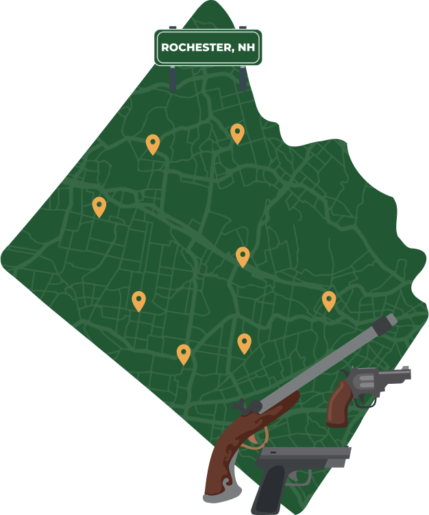 Picture of Rochester, New Hampshire City Map with Rochester sign on it and places that we buy guns from.