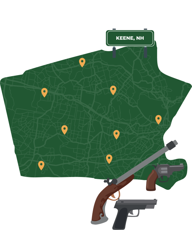 Picture of Keene, New Hampshire City Map with Keene sign on it and places that we buy guns from.