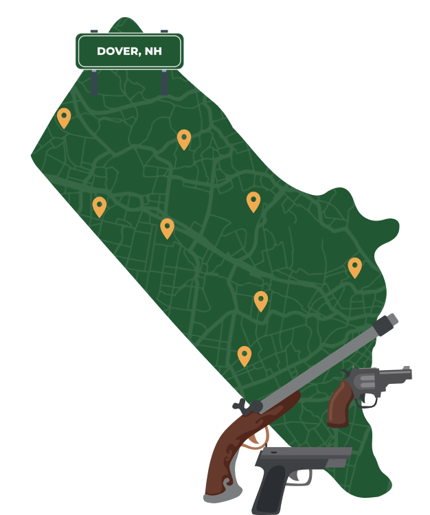Picture of Dover, New Hampshire City Map with Dover sign on it and places that we buy guns from.
