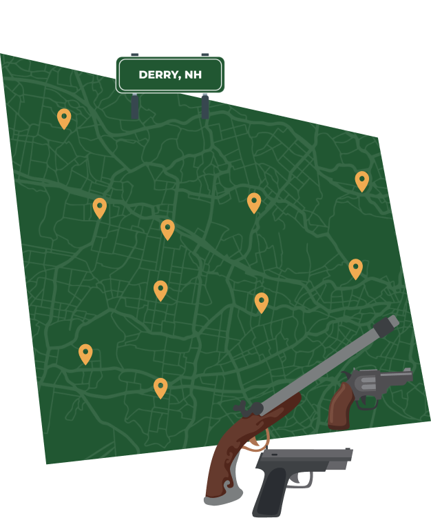 Picture of Derry, New Hampshire City Map with Derry sign on it and places that we buy guns from.