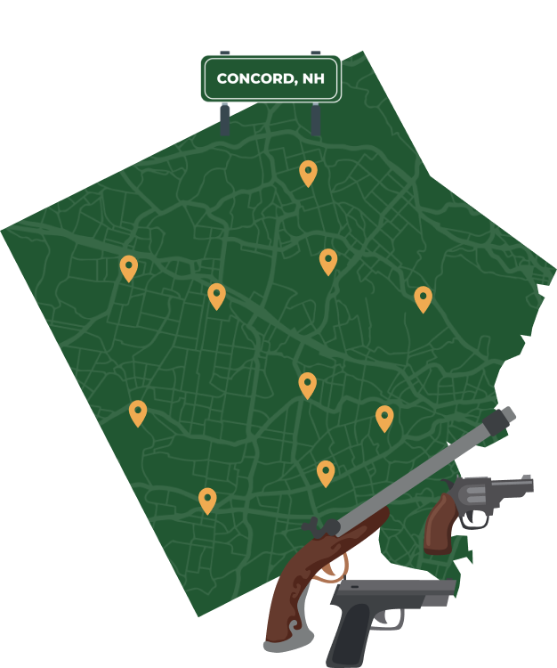Picture of Concord, New Hampshire City Map with Concord sign on it and places that we buy guns from.