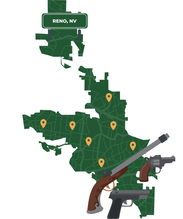 Picture of Reno, Nevada City Map with Reno sign on it and places that we buy guns from.