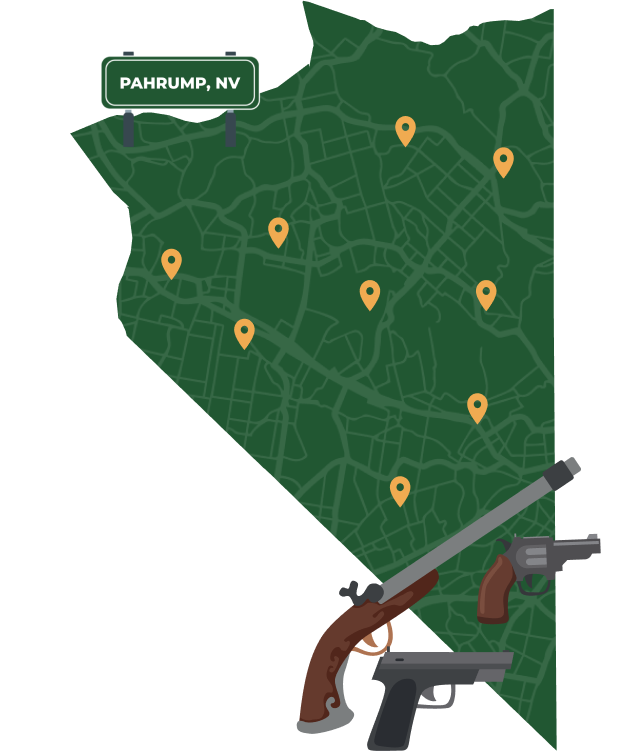 Picture of Pahrump, Nevada City Map with Pahrump sign on it and places that we buy guns from.