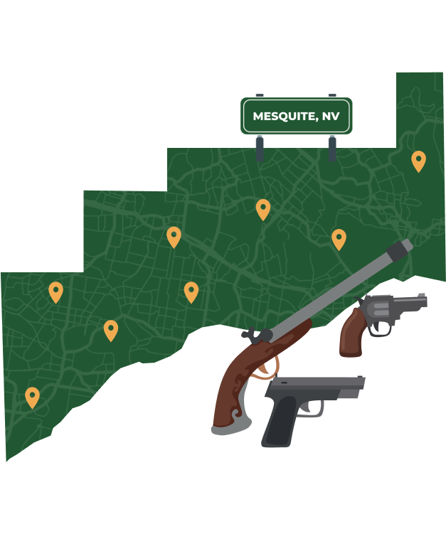 Picture of Mesquite, Nevada City Map with Mesquite sign on it and places that we buy guns from.