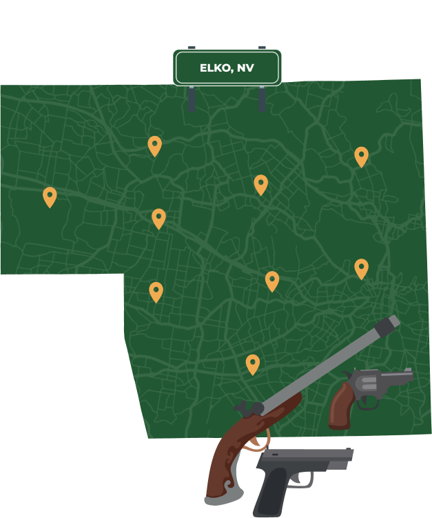 Picture of Elko, Nevada City Map with Elko sign on it and places that we buy guns from.