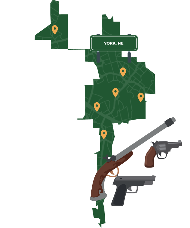 Picture of York, Nebraska City Map with York sign on it and places that we buy guns from.