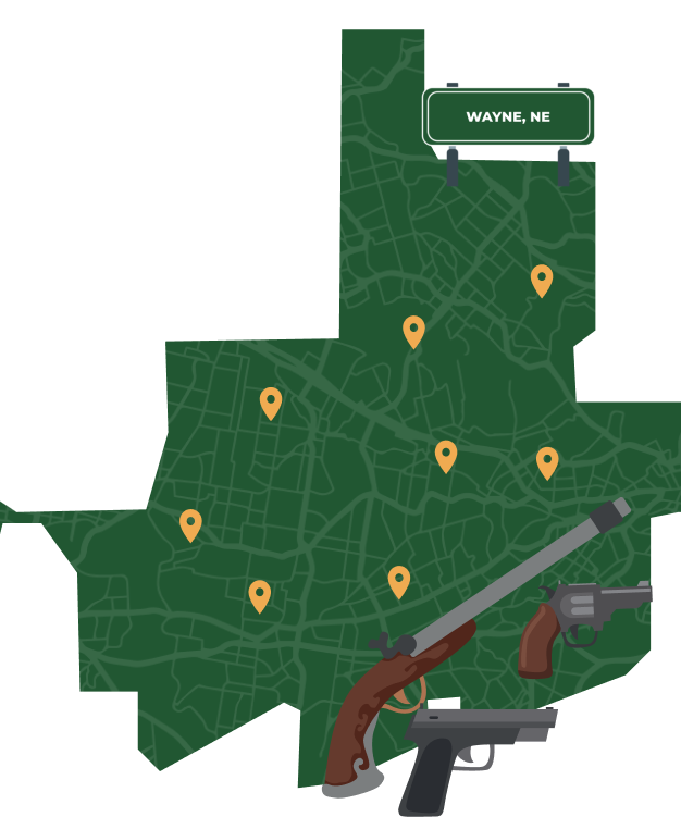 Picture of Wayne, Nebraska City Map with Wayne sign on it and places that we buy guns from.