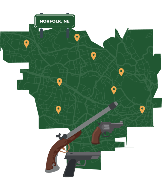 Picture of Norfolk, Nebraska City Map with Norfolk sign on it and places that we buy guns from.