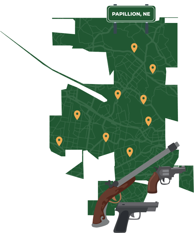 Picture of Papillion, Nebraska City Map with Papillion sign on it and places that we buy guns from.