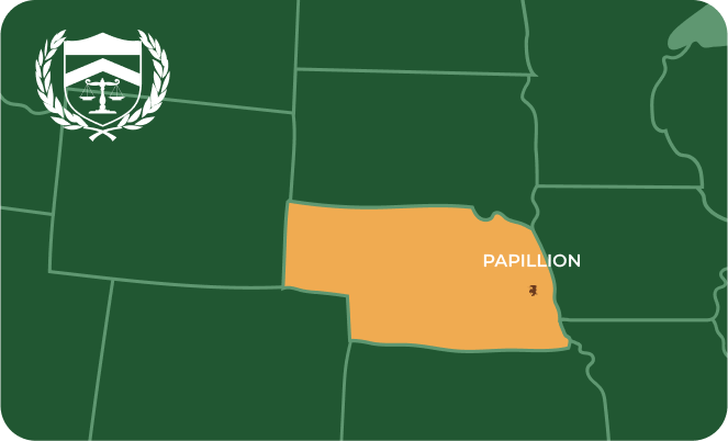 State map with Papillion, Nebraska highlighted, showing that Cash for Arms purchases guns in Papillion