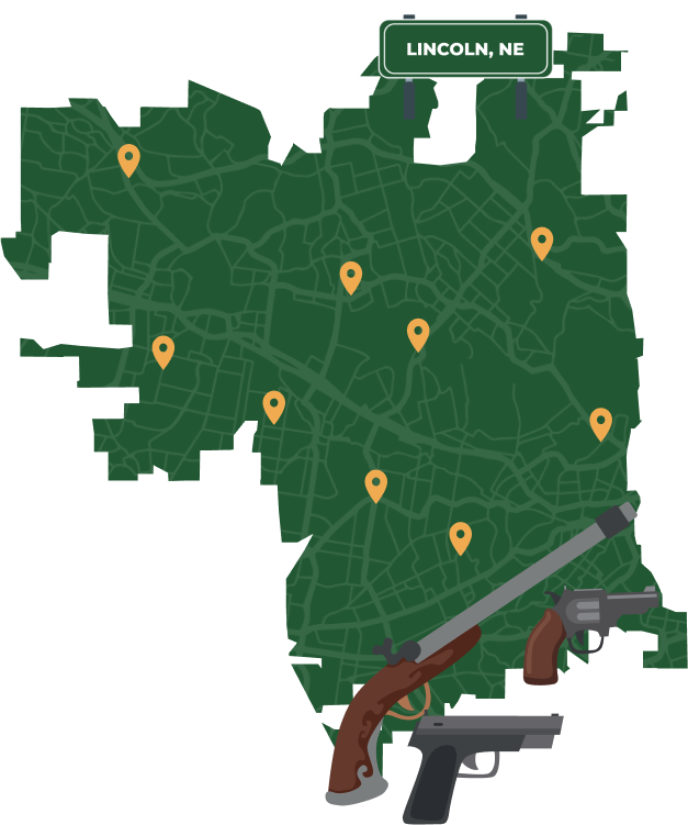 Picture of Lincoln, Nebraska City Map with Lincoln sign on it and places that we buy guns from.