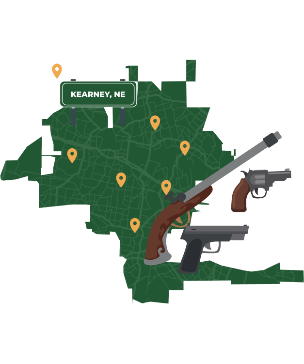 Picture of Kearney, Nebraska City Map with Kearney sign on it and places that we buy guns from.