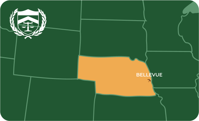 State map with Bellevue, Nebraska highlighted, showing that Cash for Arms purchases guns in Bellevue